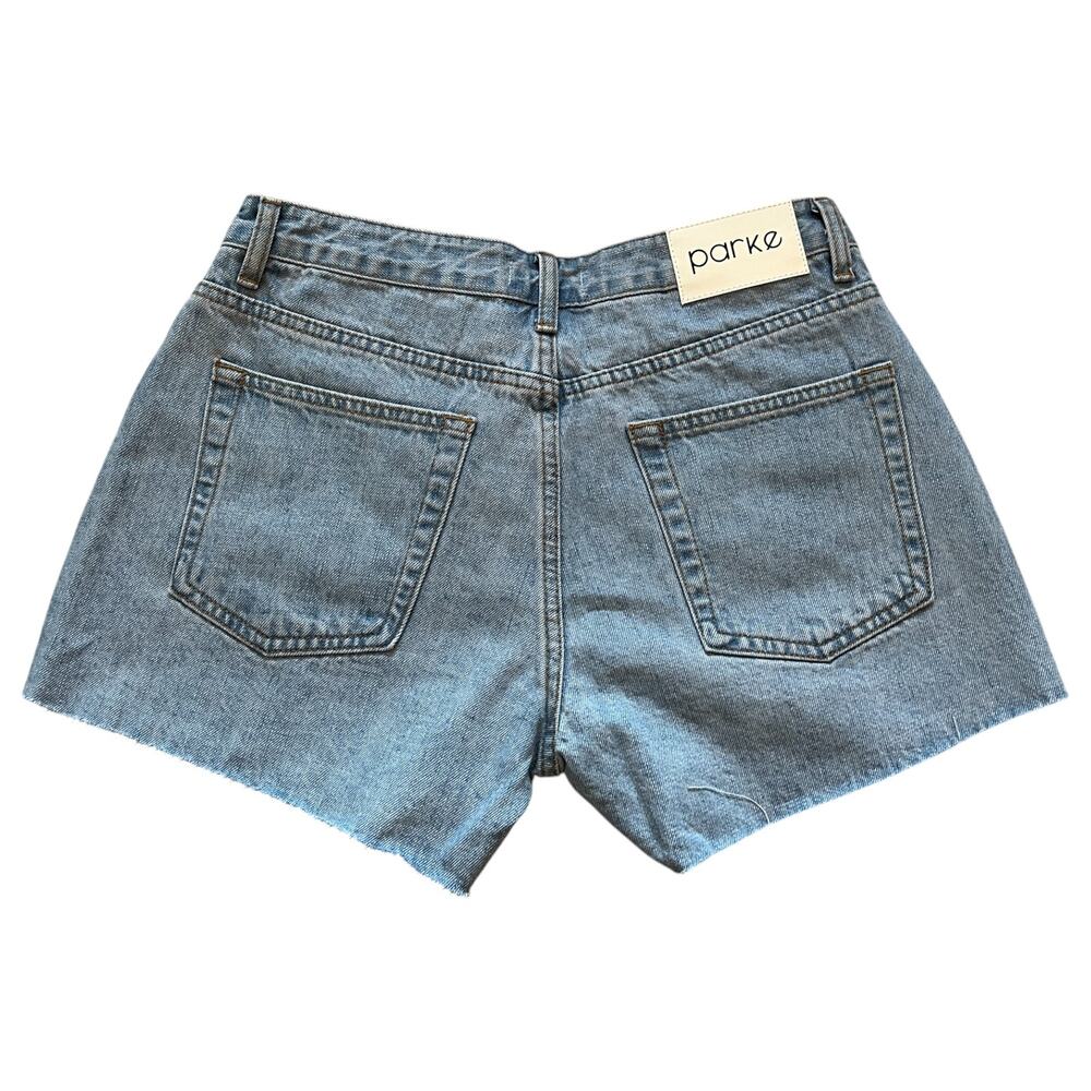 Parke Button Fly Mid Rise Raw Hem Cut Off Denim Shorts Blue Light Wash Size 27 - Picture 3 of 8